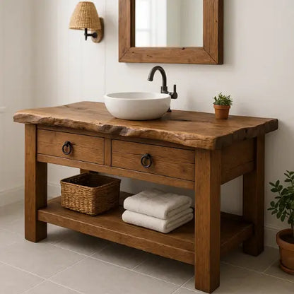 Handcrafted Live Edge Bathroom Vanity – Solid Wood Sink Console with Rustic Drawers and Open Storage Shelf Lynnsnail
