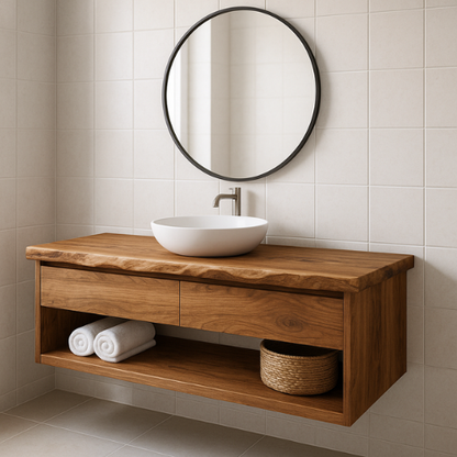 Handcrafted Floating Solid Wood Bathroom Vanity – Live Edge Countertop with Drawer and Open Shelf – Modern Organic Wall-Mount Design Lynnsnail