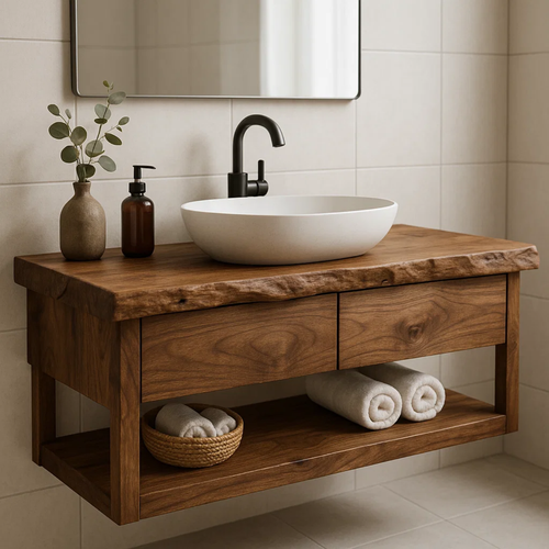 Handcrafted Solid Wood Floating Bathroom Vanity with Live Edge Top - Modern Rustic Washstand Lynnsnail