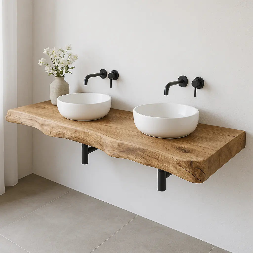 Double Sink Live Edge Vanity Shelf | Solid Wood Floating Bathroom Counter Lynnsnail
