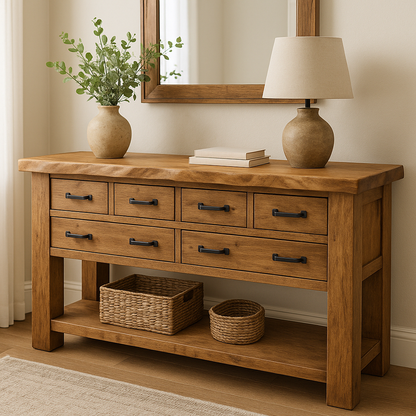 Handcrafted Solid Wood Console Table – Rustic Farmhouse Design with 6 Drawers & Open Shelf Lynnsnail