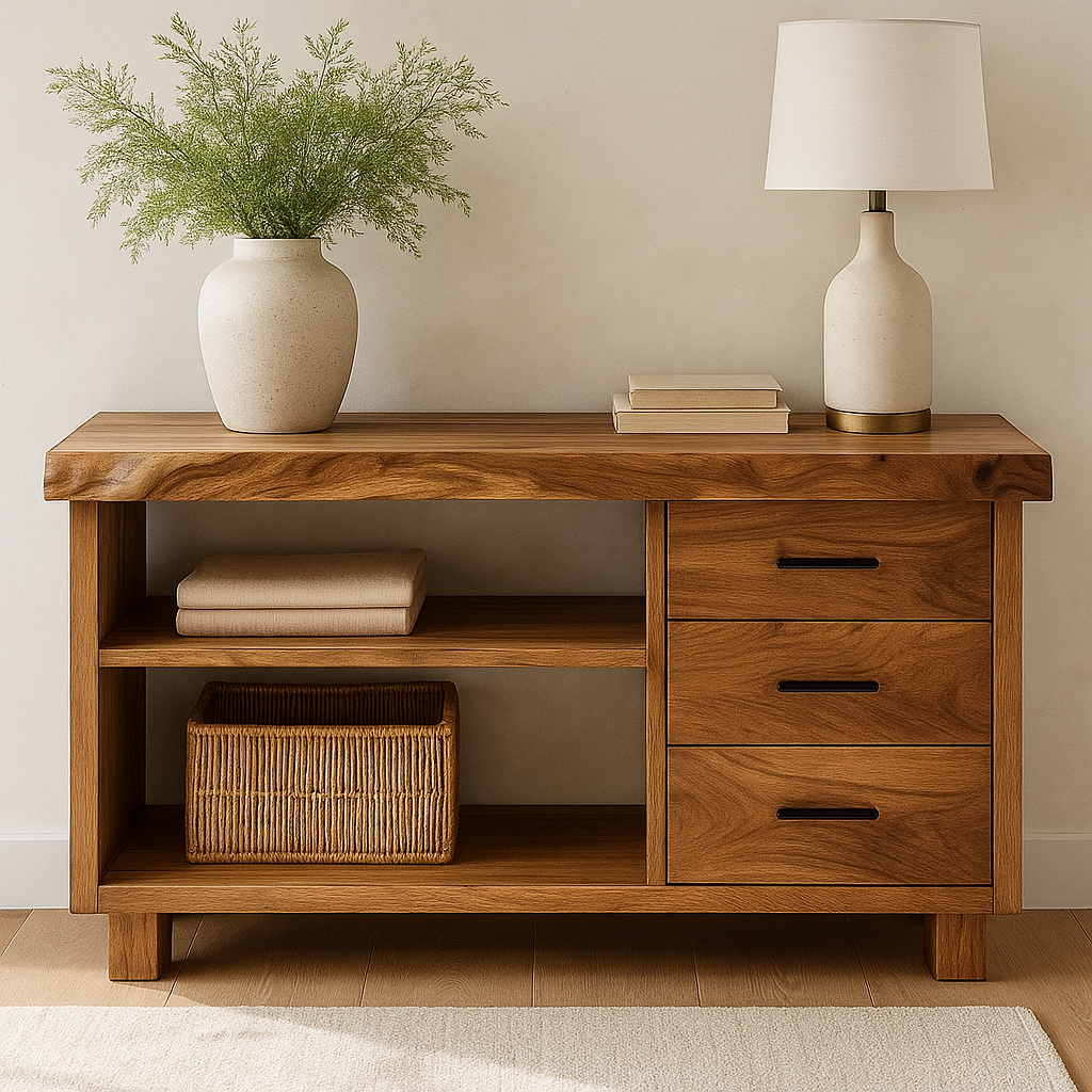 Handcrafted Solid Wood Console Table – Live Edge Rustic Design with Drawers and Open Storage Shelves