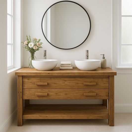 Handcrafted Solid Wood Double Bathroom Vanity – Scandinavian Rustic Base with 2 Drawers and Open Shelf Lynnsnail
