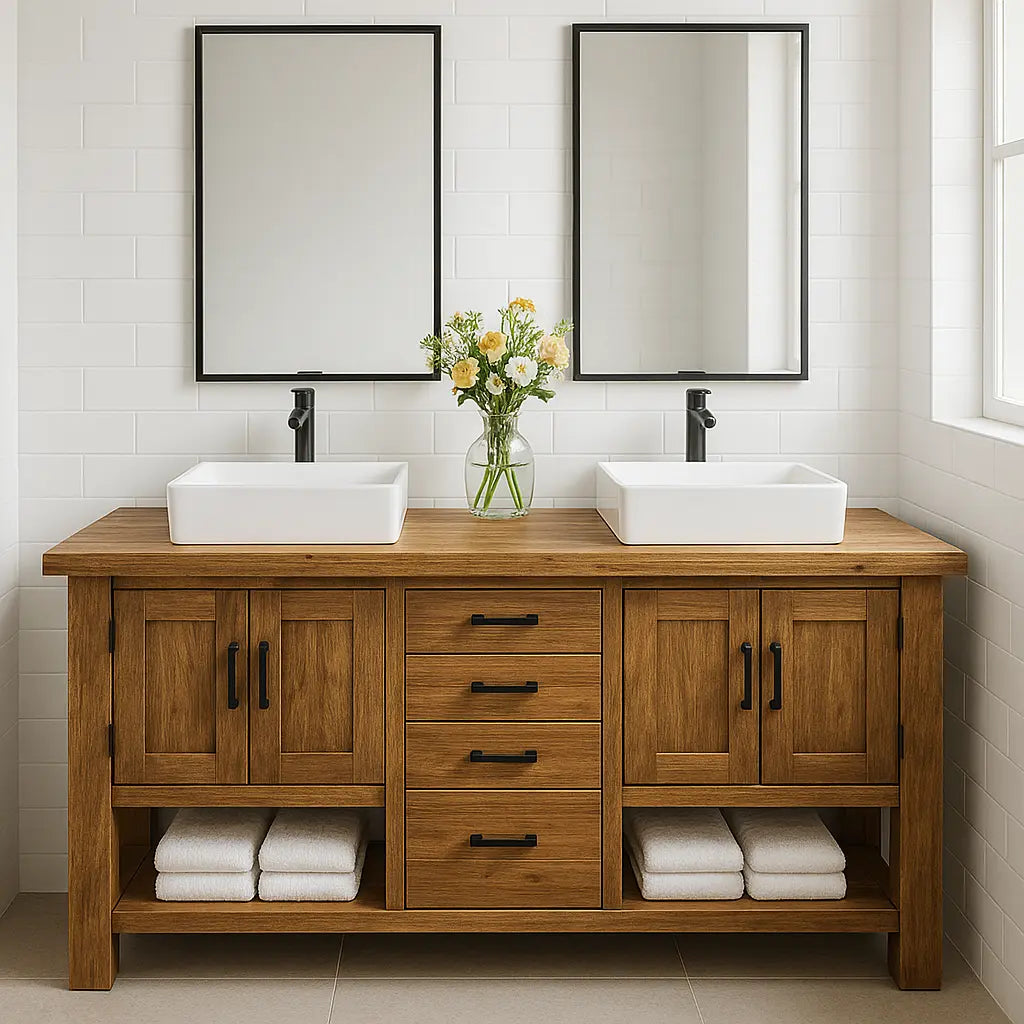 Handcrafted Solid Wood Double Bathroom Vanity – Rustic Base with Central Drawers and Side Cabinets Lynnsnail