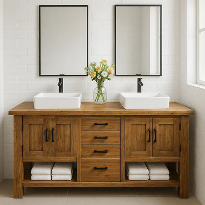 Handcrafted Solid Wood Double Bathroom Vanity – Rustic Base with Central Drawers and Side Cabinets Lynnsnail
