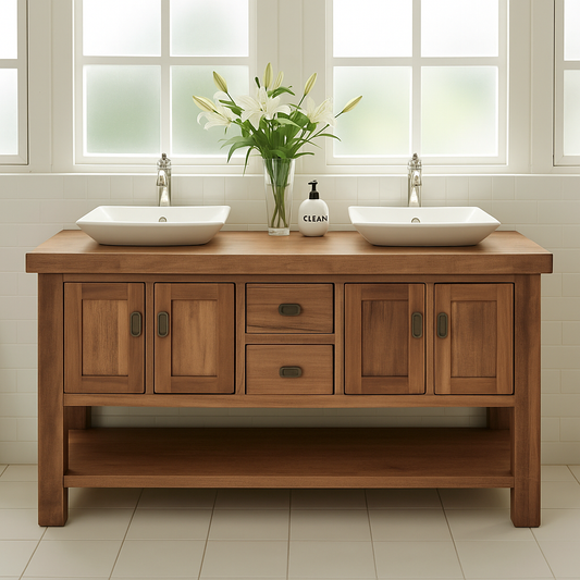 Handcrafted Solid Wood Double Bathroom Vanity – Rustic Base with Center Drawers and Open Shelf Lynnsnail