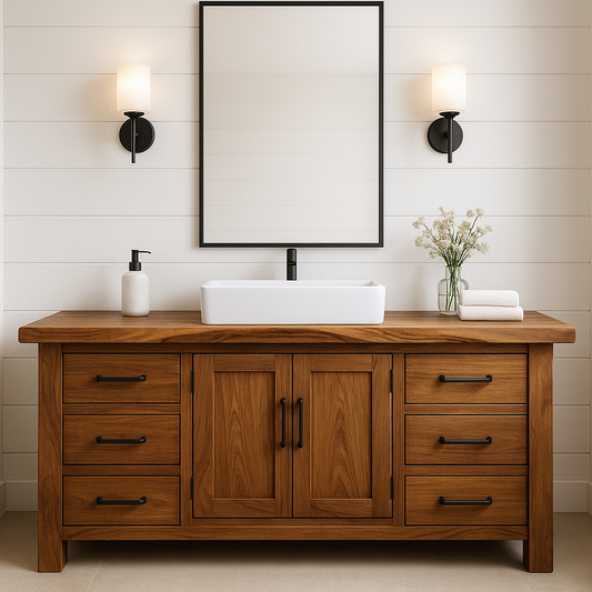 Handcrafted Solid Wood Bathroom Vanity – Rustic Base with Six Drawers and Center Cabinet Lynnsnail