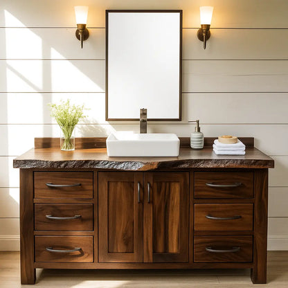 Handcrafted Solid Wood Bathroom Vanity – Live Edge Rustic Base with 6 Drawers and Double Door Cabinet Lynnsnail