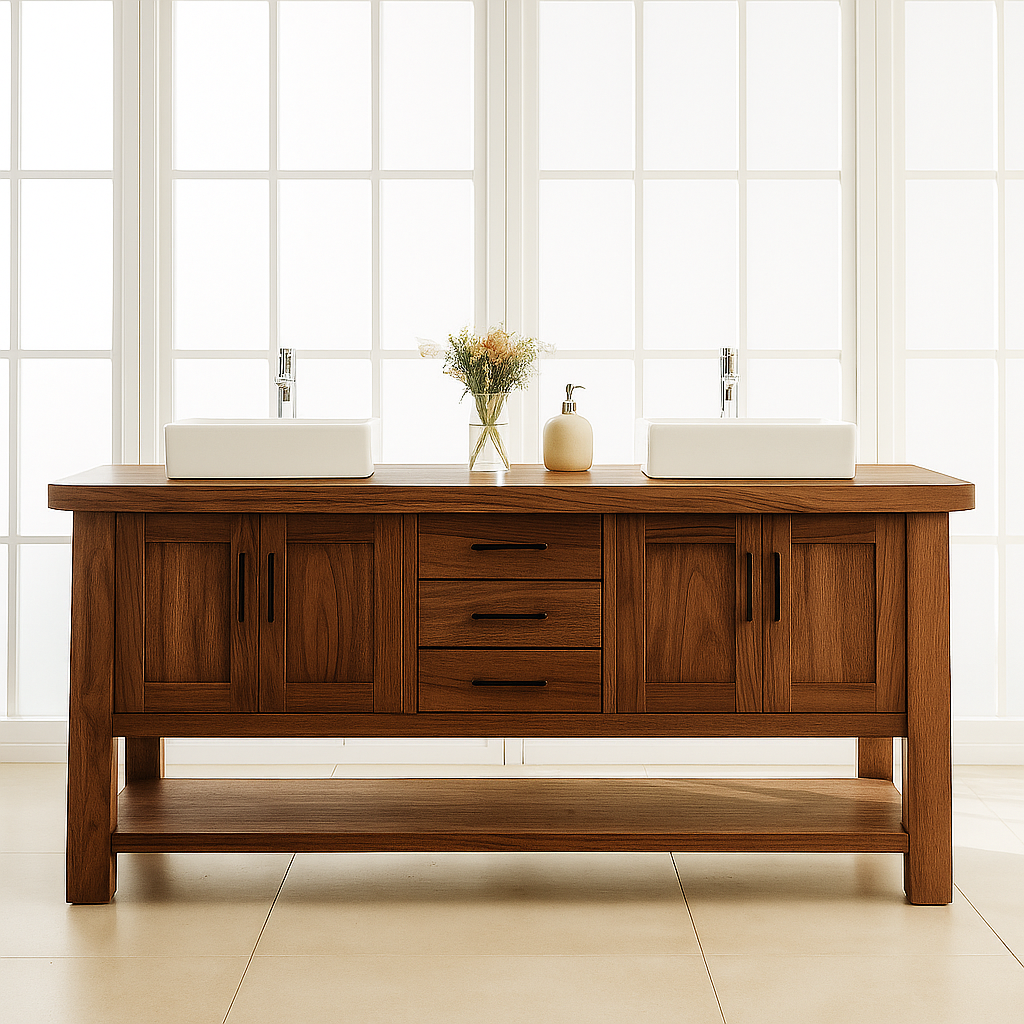 Handcrafted Solid Wood Double Bathroom Vanity – Modern Rustic Base with Center Drawers and Open Shelf Lynnsnail