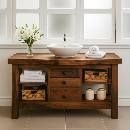 Handcrafted Solid Walnut Bathroom Vanity – Rustic Base with Open Shelves and Center Drawers Lynnsnail