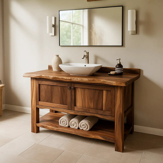 Handcrafted Solid Wood Bathroom Vanity – Rustic Live Edge Design with Open Shelf Storage Lynnsnail