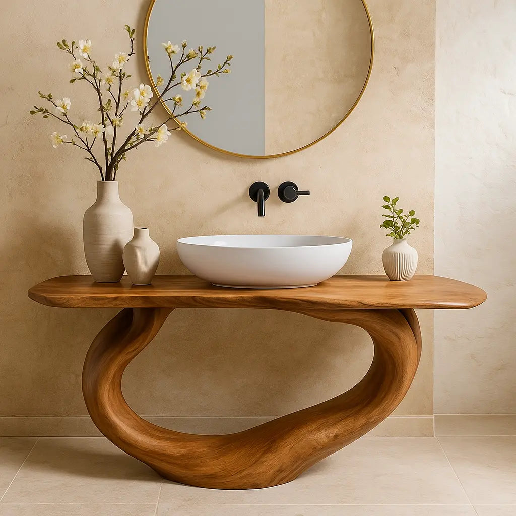 Handcrafted Solid Wood Bathroom Vanity – Organic Sculptural Flow Base in Natural Finish Lynnsnail
