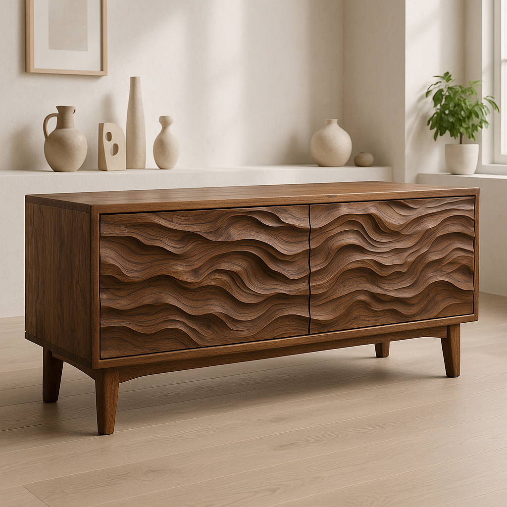 Handcrafted Solid Wood TV Stand – Sculptural Wave Front Credenza for Modern Organic Interiors Lynnsnail