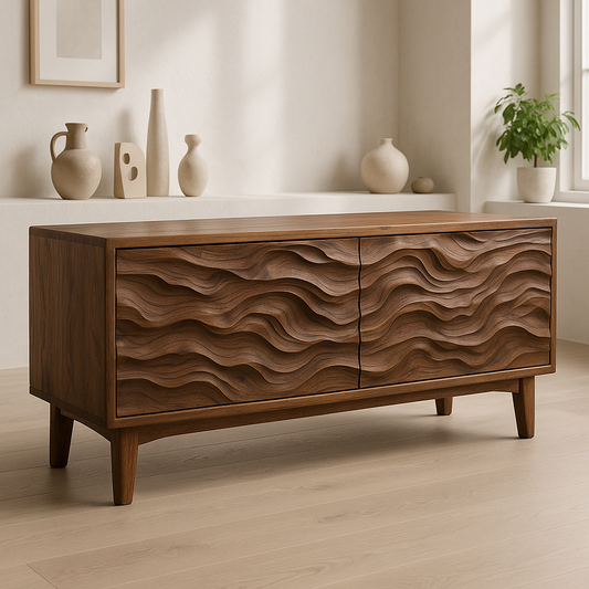 Handcrafted Solid Wood TV Stand – Sculptural Wave Front Credenza for Modern Organic Interiors Lynnsnail