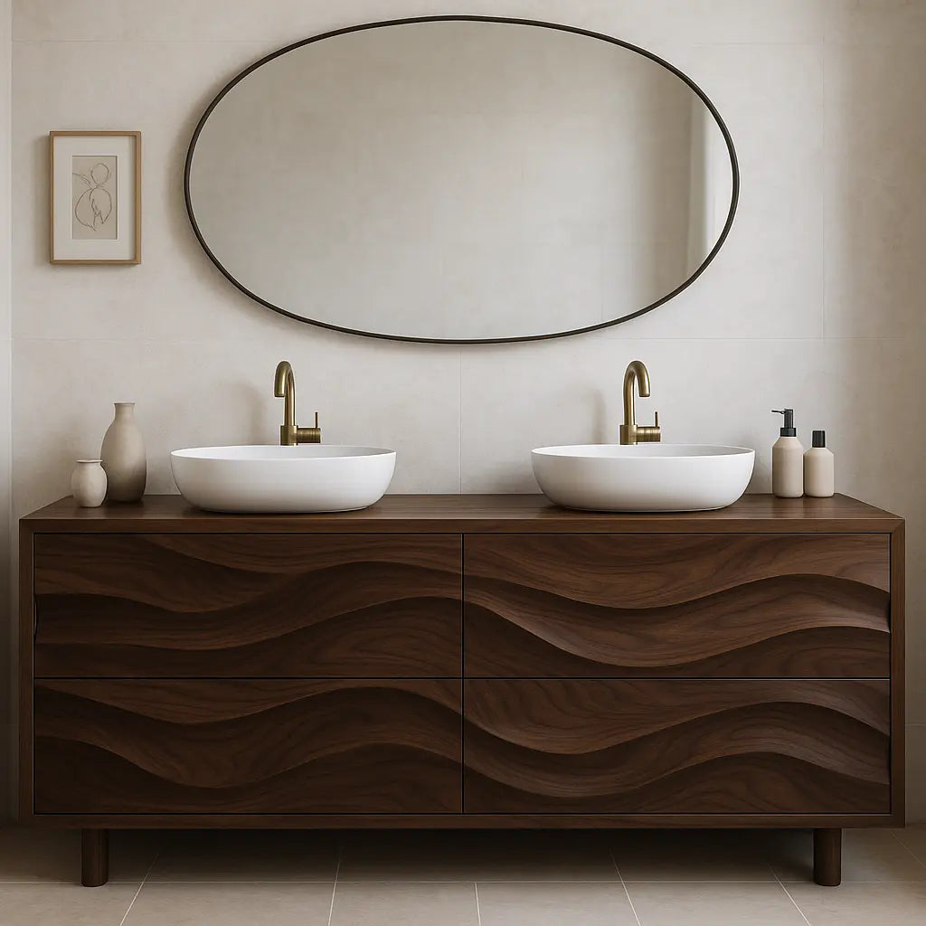 Handcrafted Solid Wood Bathroom Vanity – Organic Wave Front Double Sink Cabinet with Modern Brass Fixtures Lynnsnail