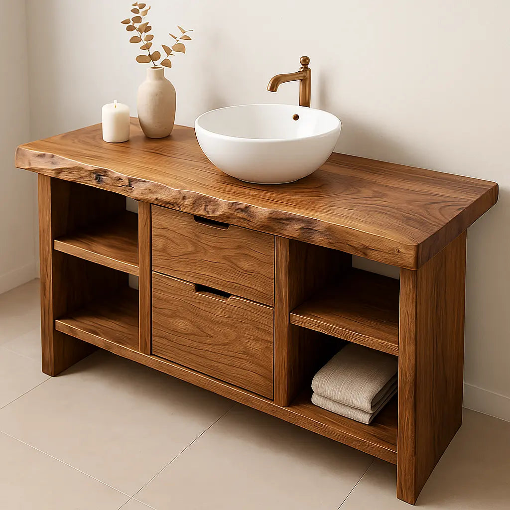 Handcrafted Solid Wood Bathroom Vanity with Live Edge Top and Open Shelves Lynnsnail