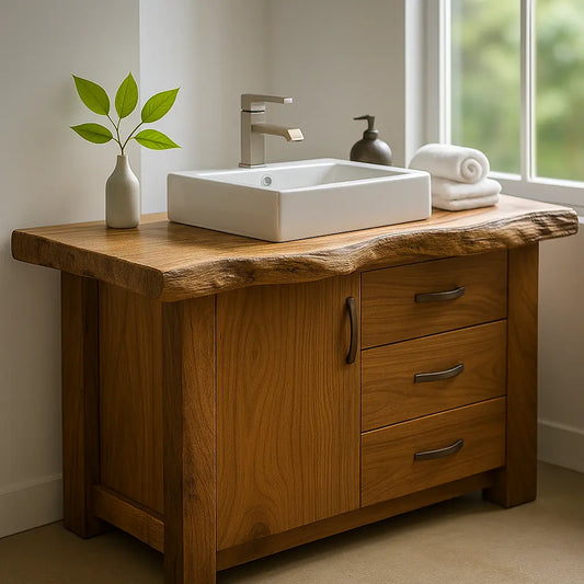 Handcrafted Solid Wood Bathroom Vanity – Live Edge Rustic Base with 3 Drawers and Cabinet Lynnsnail