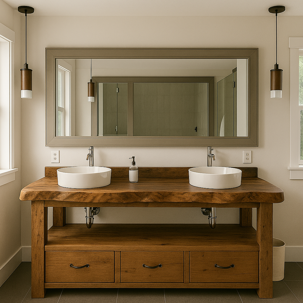 Handcrafted Solid Wood Double Vanity – Live Edge Bathroom Base with Drawers and Open Shelf Lynnsnail