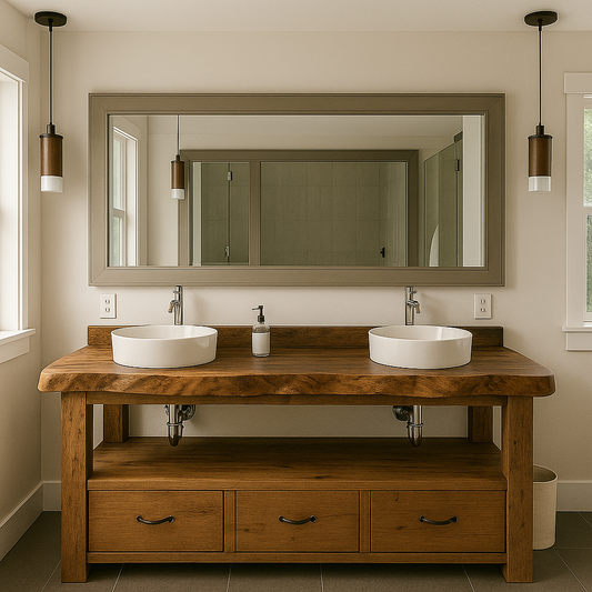 Handcrafted Solid Wood Double Vanity – Live Edge Bathroom Base with Drawers and Open Shelf Lynnsnail