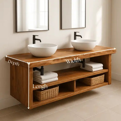Floating Double Sink Bathroom Vanity – Solid Wood Live Edge Countertop with Open Shelves – Rustic Modern Wall-Mounted Vanity Design Lynnsnail