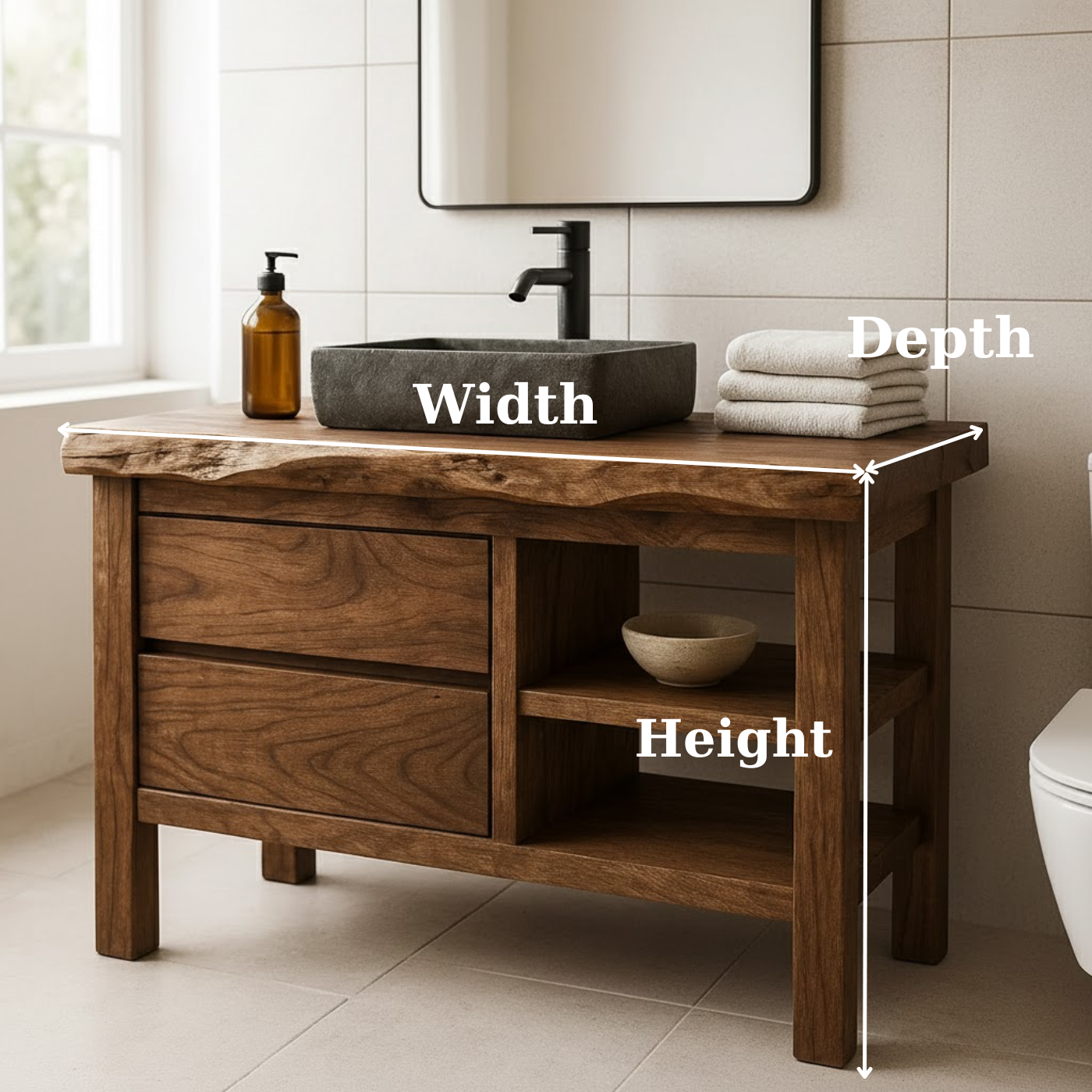 Handcrafted Solid Wood Bathroom Vanity with Live Edge Top and Open Shelf Lynnsnail