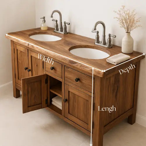Handcrafted Solid Wood Double Sink Bathroom Vanity – Rustic Live Edge Countertop with Cabinets & Drawers – Farmhouse Natural Finish Lynnsnail