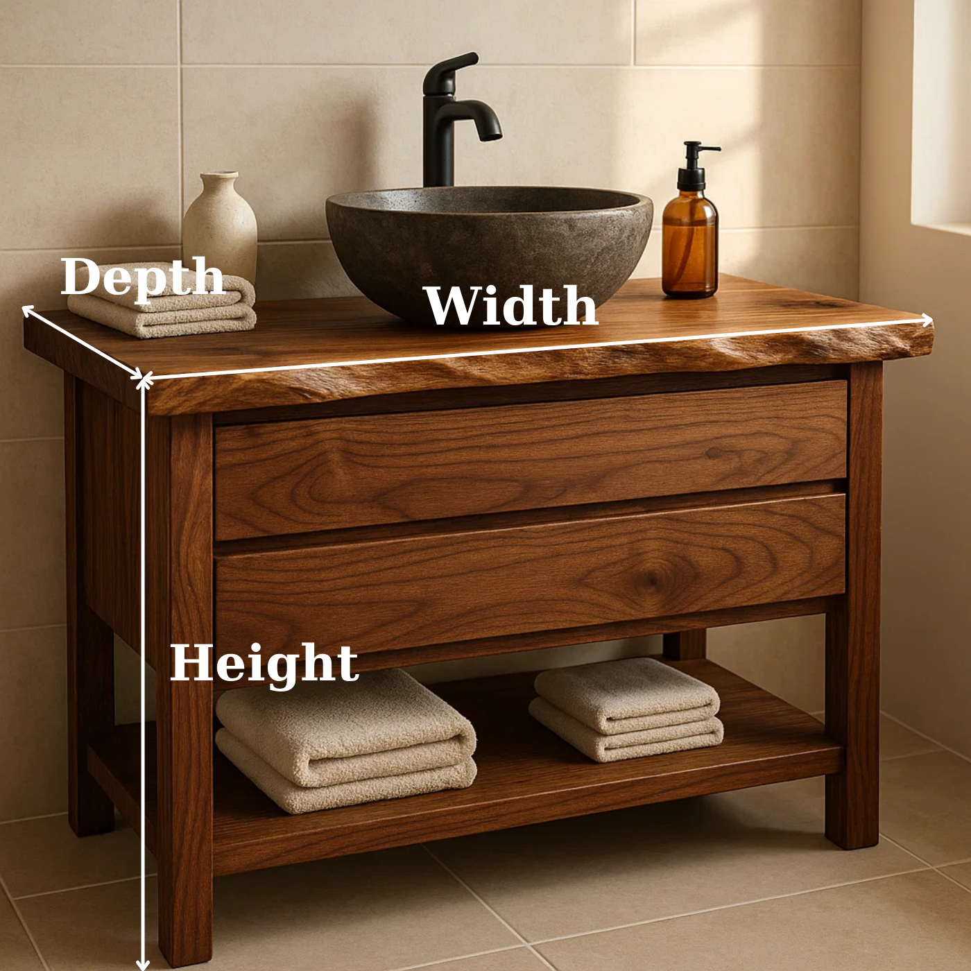 Handcrafted Solid Wood Bathroom Vanity - Live Edge Dark Wood Cabinet & Open Shelf Lynnsnail