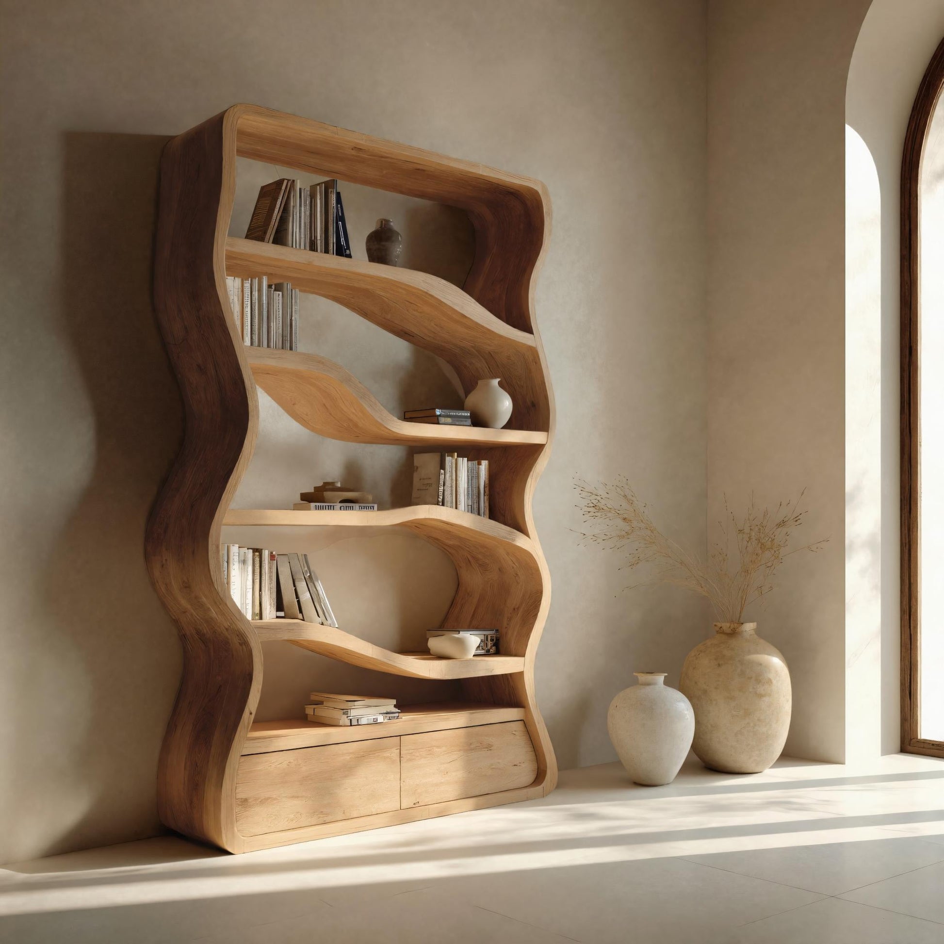Modern Curved Wooden Bookshelf For Living Room Lynnsnail