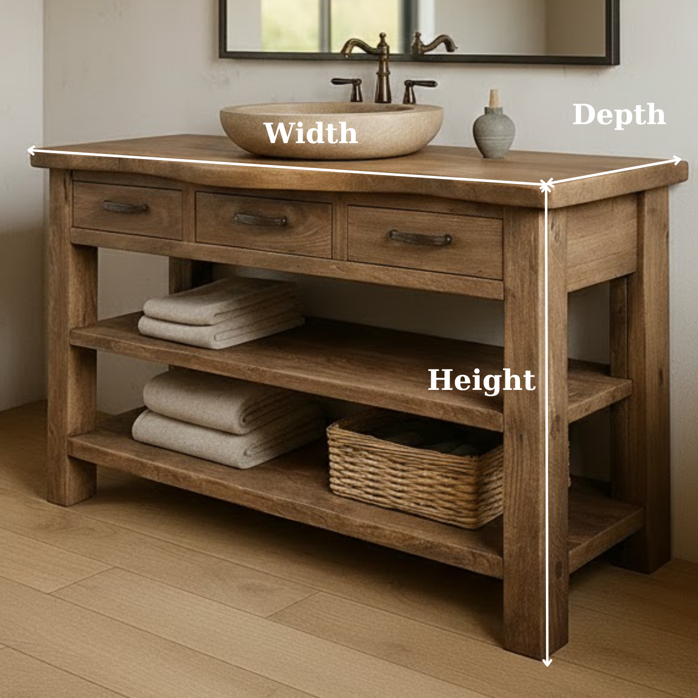 Handcrafted Solid Wood Bathroom Vanity with Curved Live-Edge Top and Triple Storage Drawers Lynnsnail