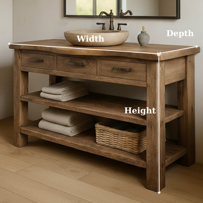 Handcrafted Solid Wood Bathroom Vanity with Curved Live-Edge Top and Triple Storage Drawers Lynnsnail