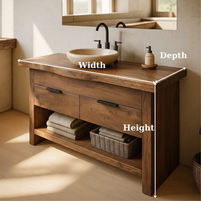 Handcrafted Solid Wood Bathroom Vanity with Live Edge Top and Open Storage Shelf Lynnsnail