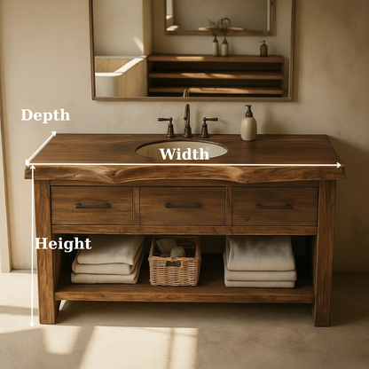 Handcrafted Solid Wood Bathroom Vanity with Live Edge Top, Triple Drawers & Open Storage Shelf Lynnsnail