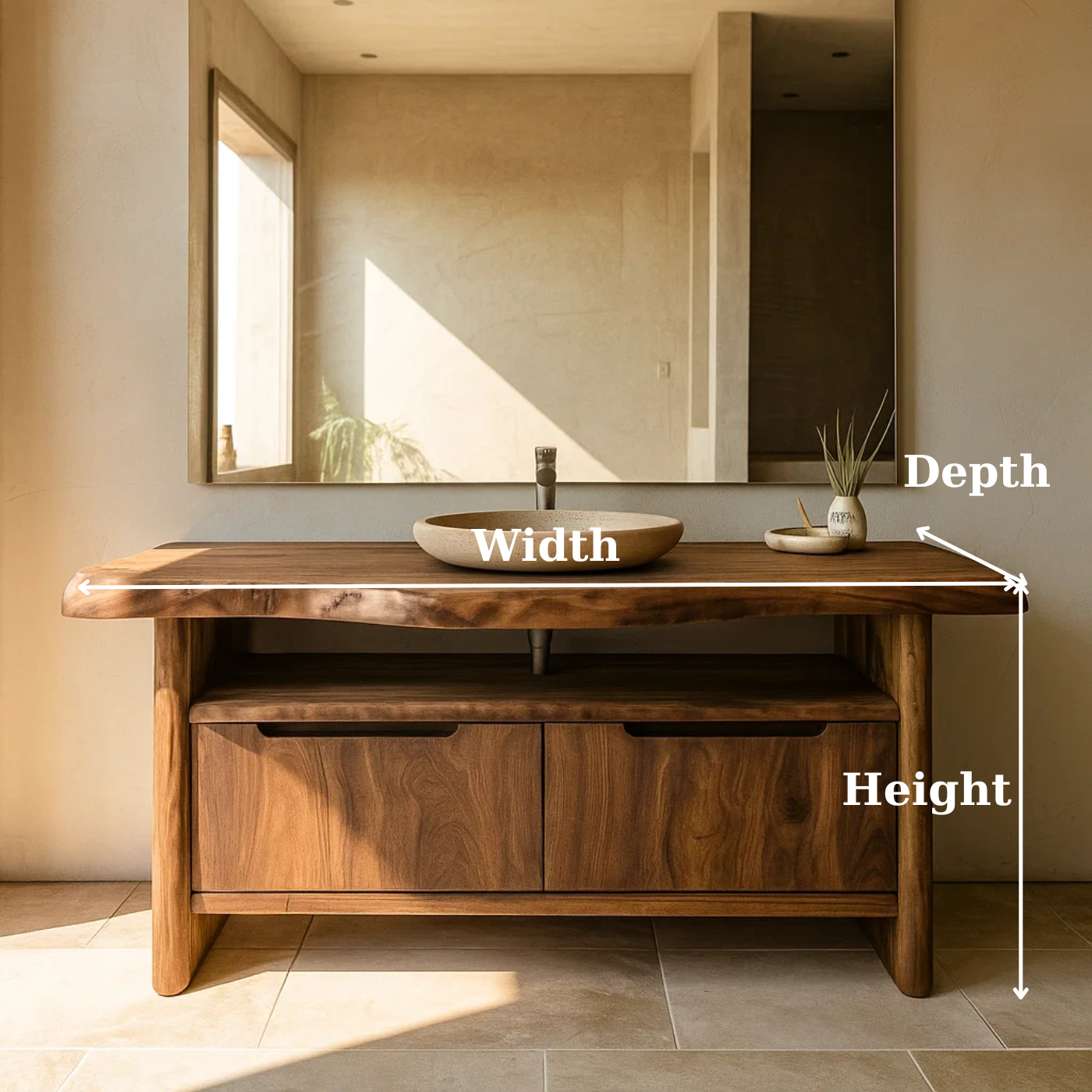 Handcrafted Solid Wood Bathroom Vanity with Live-Edge Walnut Top & Soft-Close Doors Lynnsnail