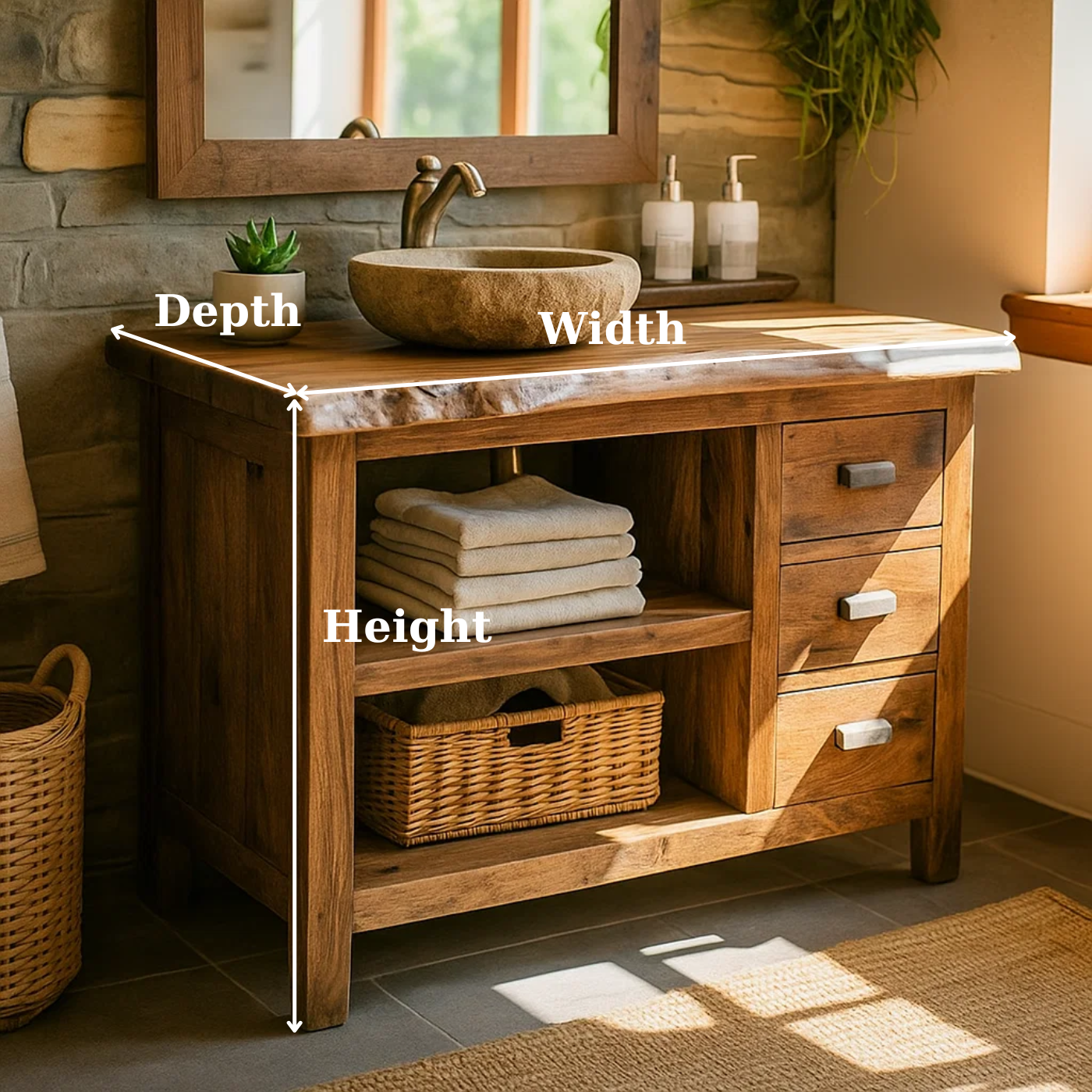 Handcrafted Solid Wood Bathroom Vanity with Live-Edge Top and Spacious Open Storage Lynnsnail