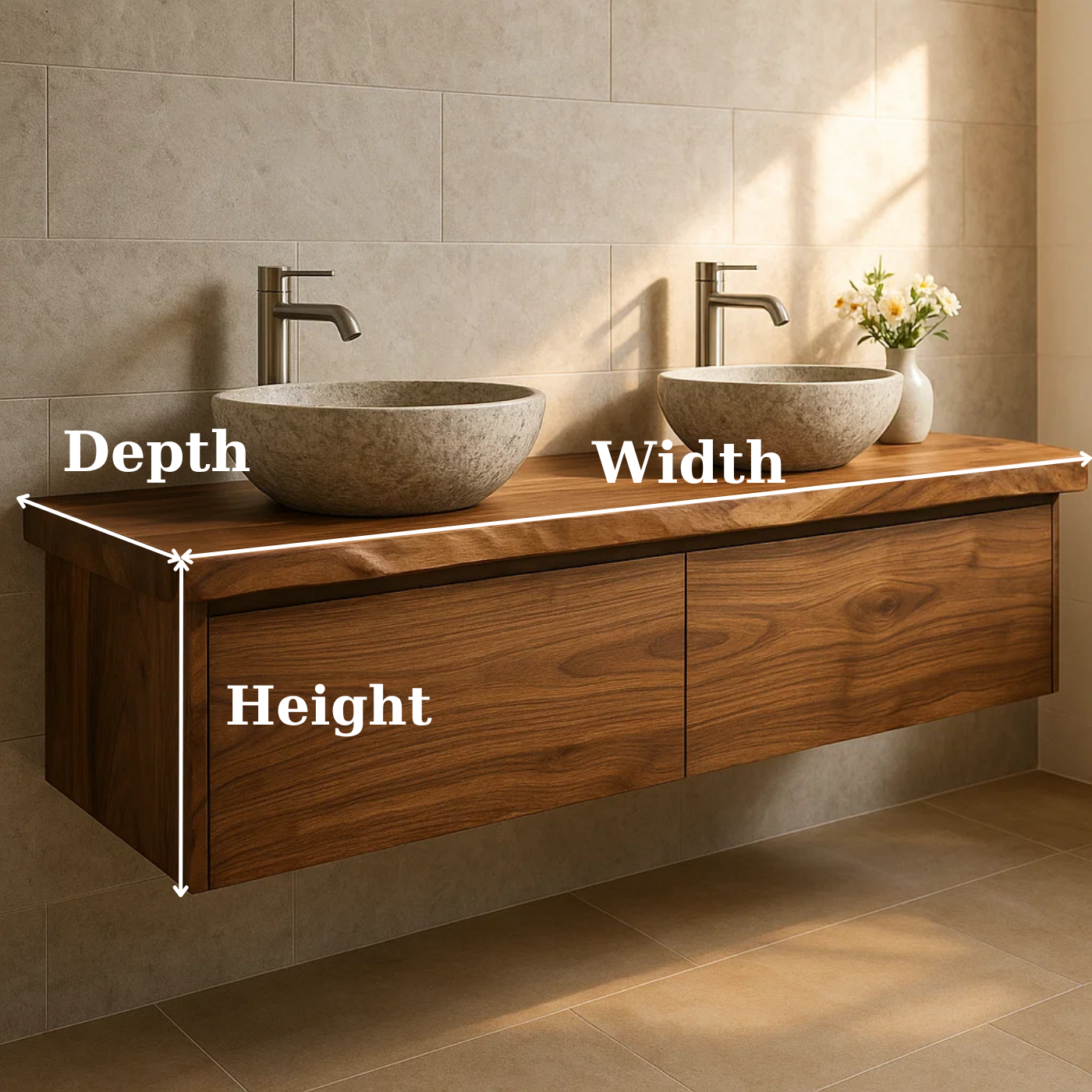 Handcrafted Solid Wood Floating Vanity - Double Sink Live Edge Walnut Console 2-Drawer Lynnsnail