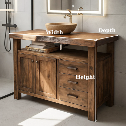 Handcrafted Solid Wood Bathroom Vanity with Live Edge Walnut Top, 3 Drawers and Cabinet