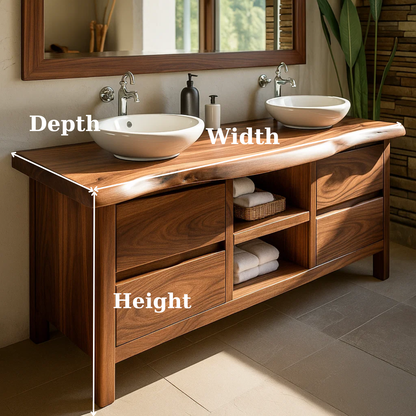 Handcrafted Solid Wood Bathroom Vanity - Live Edge Walnut, Drawers & Open Shelving Lynnsnail