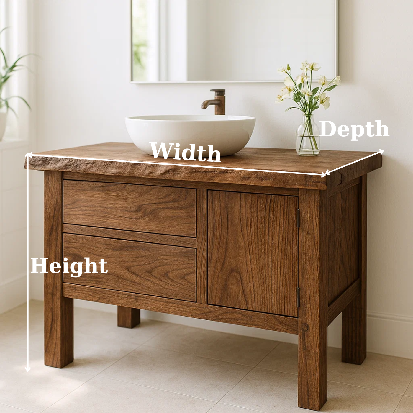 Handcrafted Solid Wood Bathroom Vanity - Live Edge Top, 2 Drawers & Single Door Cabinet Lynnsnail