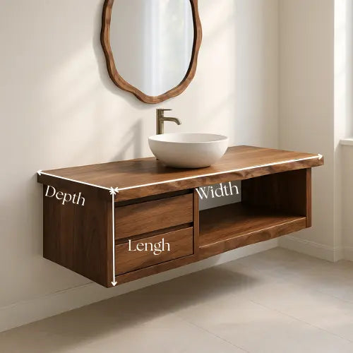 Handcrafted Floating Solid Walnut Bathroom Vanity – Live Edge Countertop with Dual Drawers and Open Shelf – Modern Rustic Design Lynnsnail