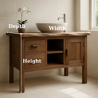 Handcrafted Solid Wood Bathroom Vanity - Live Edge Top, 2 Drawers & Open Frame Shelving (Copy) Lynnsnail