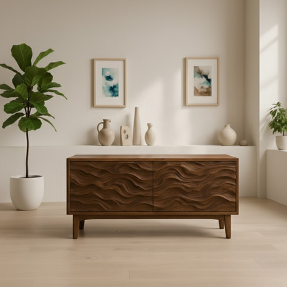 Handcrafted Solid Wood TV Stand – Sculptural Wave Front Credenza for Modern Organic Interiors Lynnsnail