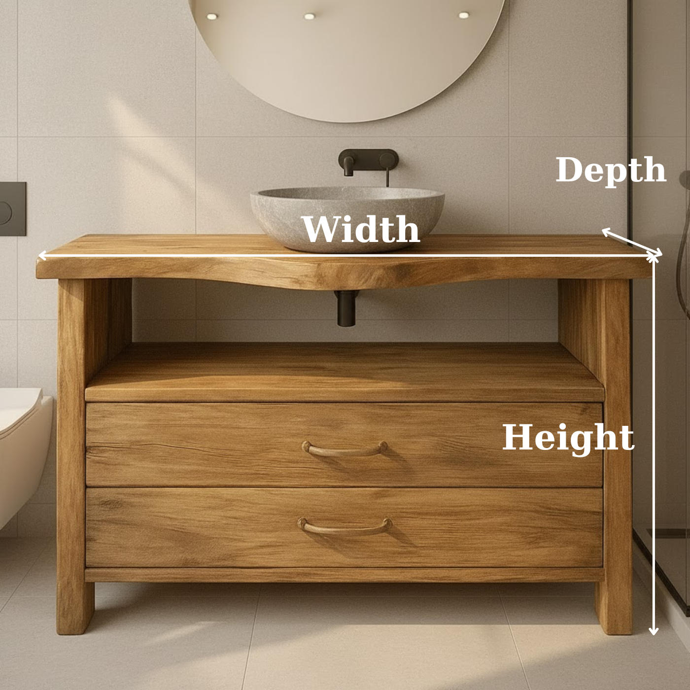Handcrafted Solid Wood Bathroom Vanity with Live Edge Oak Top and Two Storage Drawers
