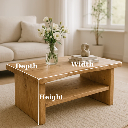 Handcrafted Solid Oak Coffee Table - Live Edge, Rustic Modern with Open Shelf