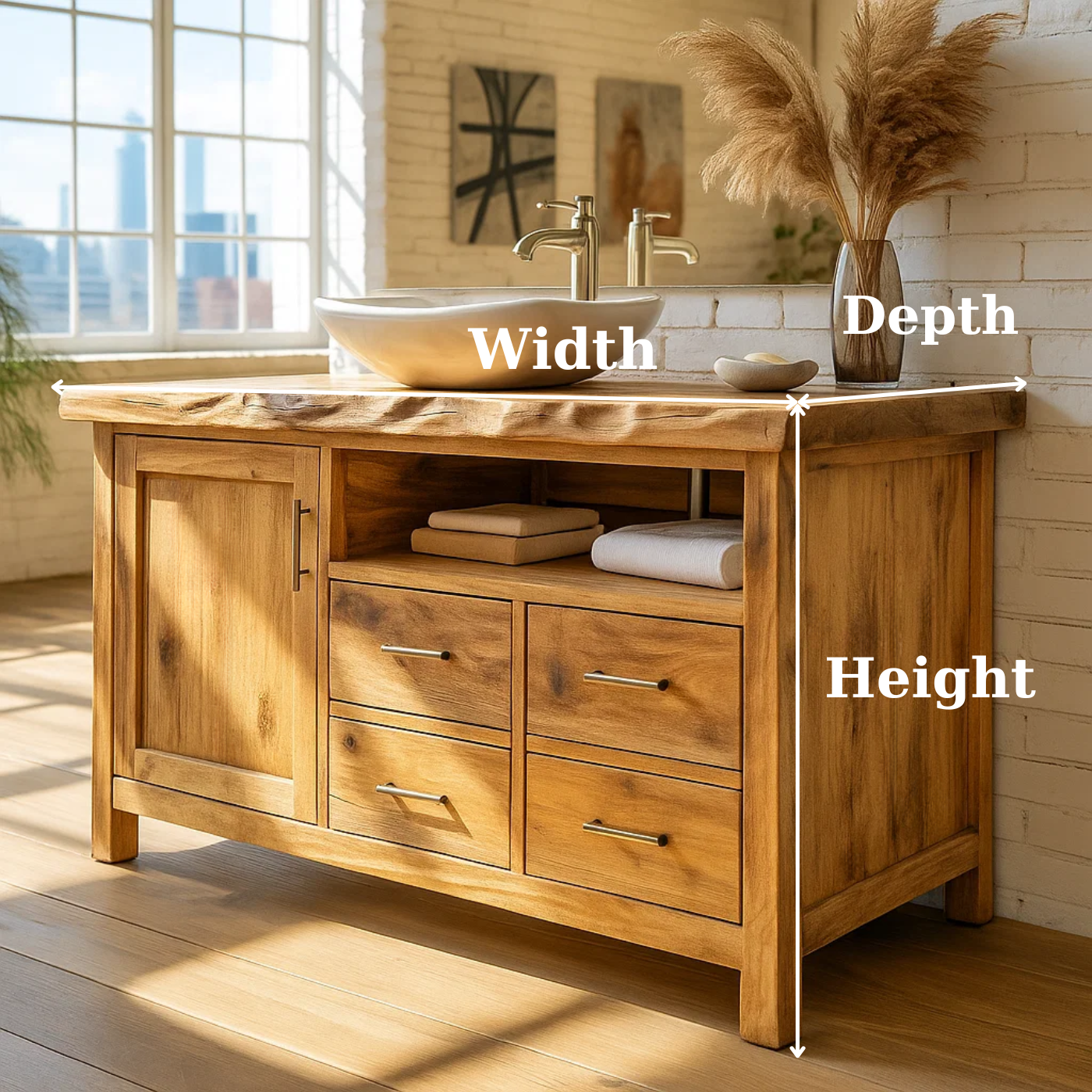 Handcrafted Solid Wood Bathroom Vanity with Live Edge Top and Four Storage Drawers