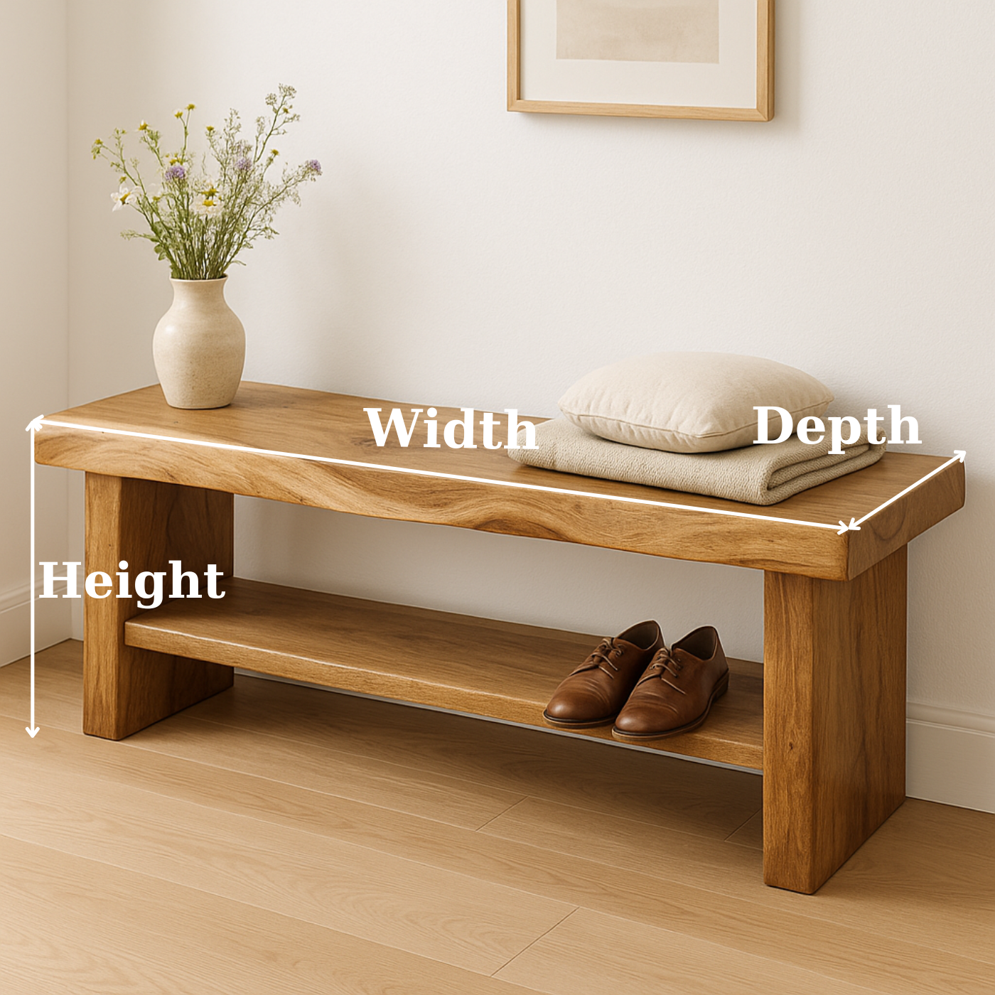 Handcrafted Solid Wood Bench – Live Edge Entryway Seating with Storage Shelf Lynnsnail