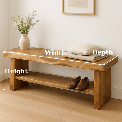 Handcrafted Solid Wood Bench – Live Edge Entryway Seating with Storage Shelf Lynnsnail
