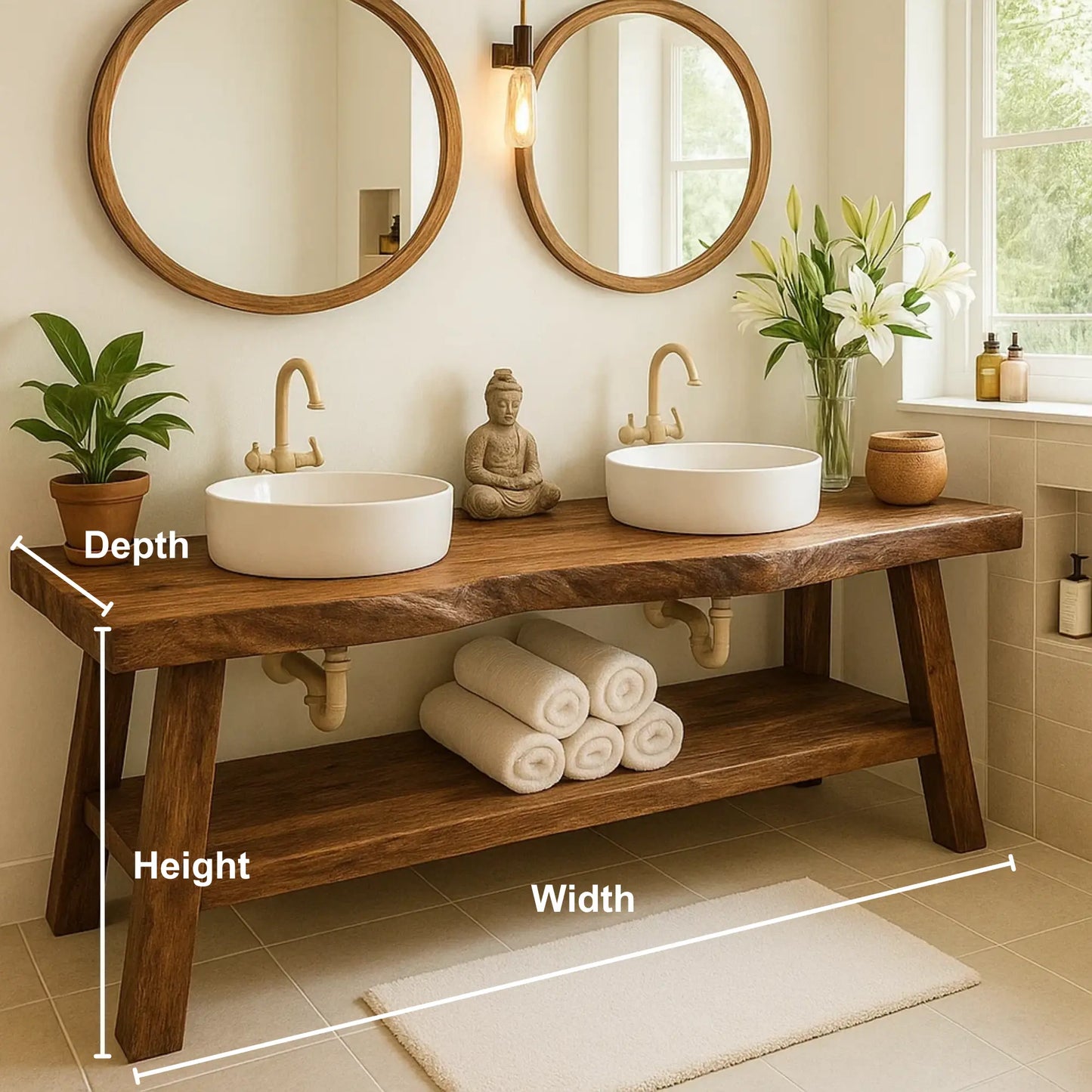 Handcrafted Double Solid Wood Bathroom Vanity with Drawers and Slatted Shelf for Modern Homes Lynnsnail