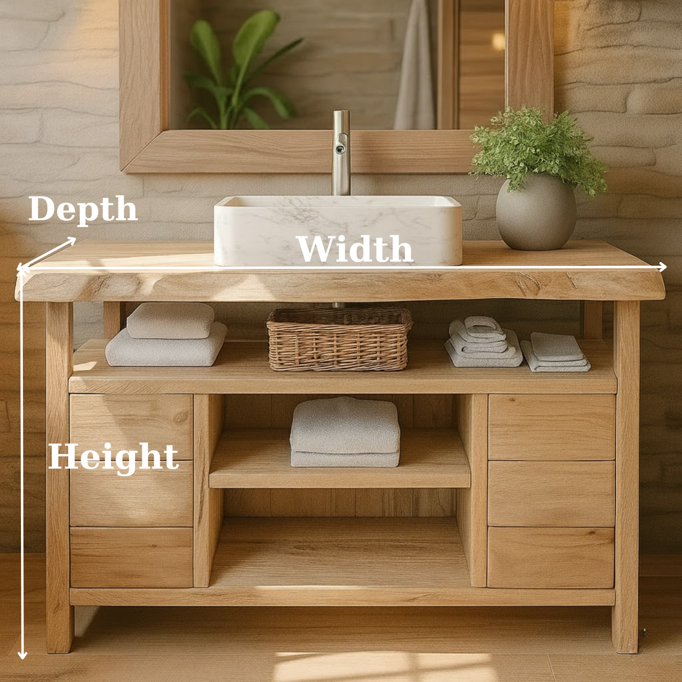 Handcrafted Solid Wood Bathroom Vanity with Live Edge Maple Top and Open Shelf Storage