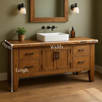Handcrafted Rustic Solid Wood Bathroom Vanity – Live Edge Top with Four Drawers and Center Cabinet Lynnsnail