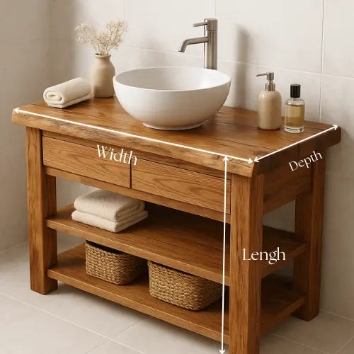 Solid Wood Bathroom Vanity – Handcrafted Live Edge Countertop with Drawers & Open Shelves – Rustic Farmhouse Vanity for Modern Interiors Lynnsnail